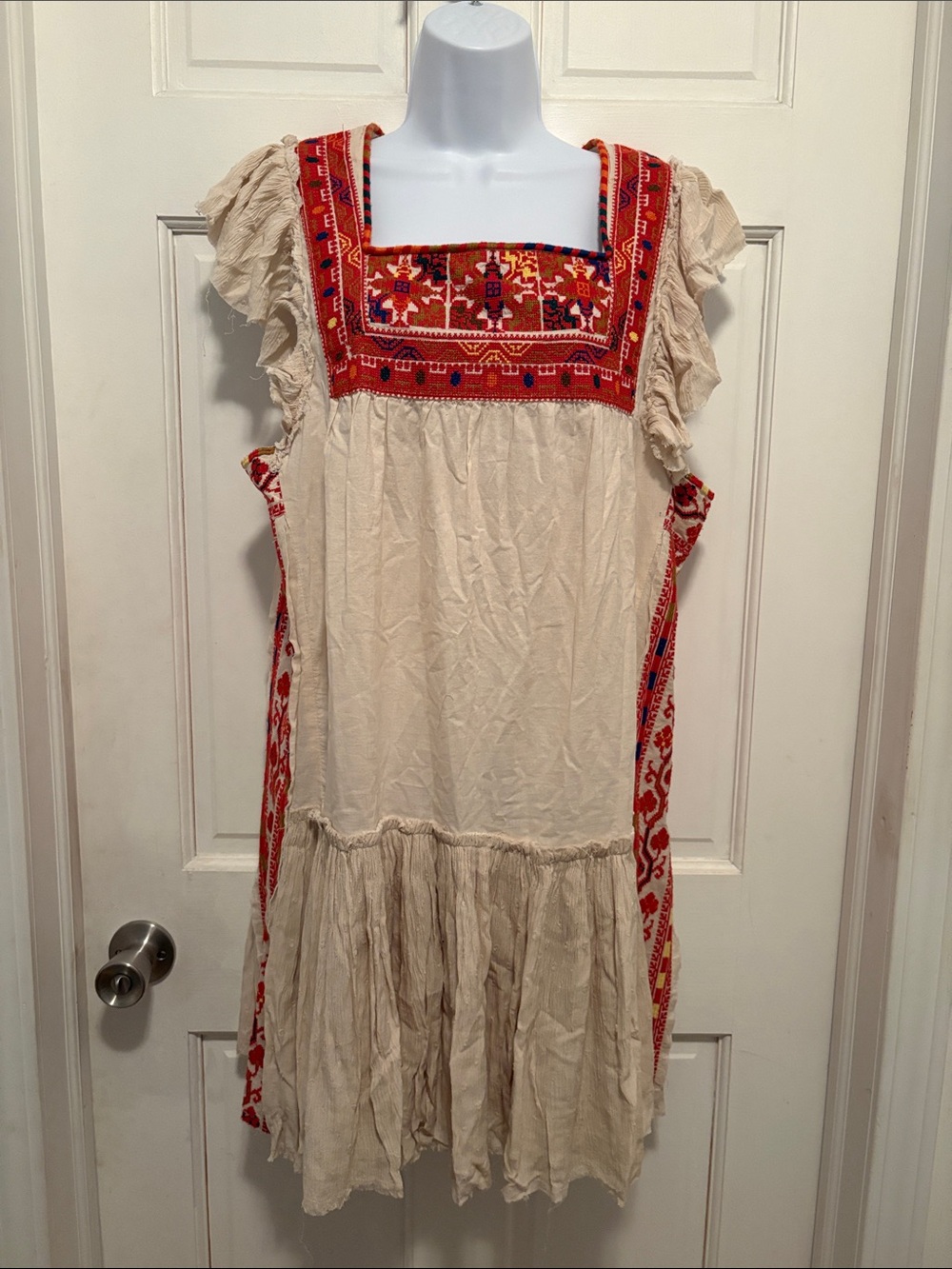 Free People Cream Midi Dress with Red Embroidered Yoke size L